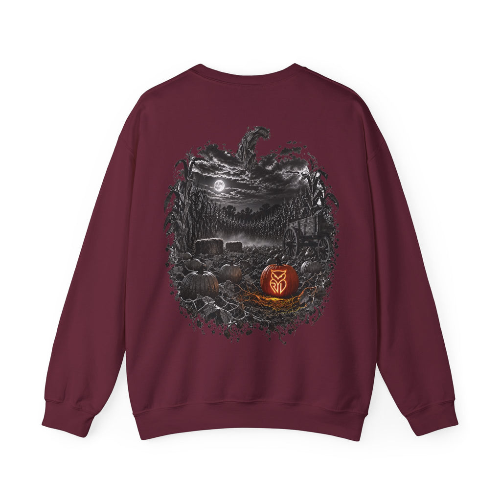 Rare Lab Owl Lantern crewneck sweatshirt: glowing Rare Lab owl jack-o'-lantern on the front, moonlit pumpkin patch scene on the back