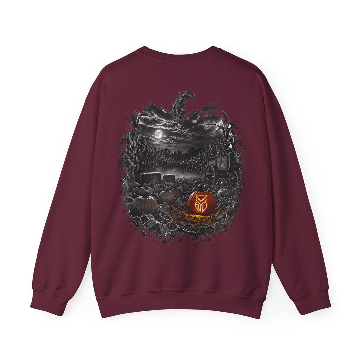 Rare Lab Owl Lantern crewneck sweatshirt: glowing Rare Lab owl jack-o'-lantern on the front, moonlit pumpkin patch scene on the back