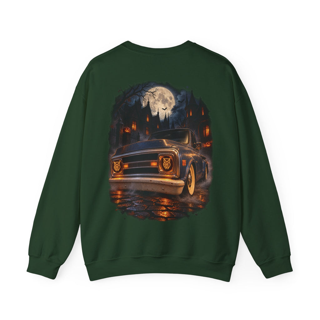 Rare Lab Midnight Owl crewneck in Dark Heather: large night-sky owl on the front, C10 truck under a full moon on the back