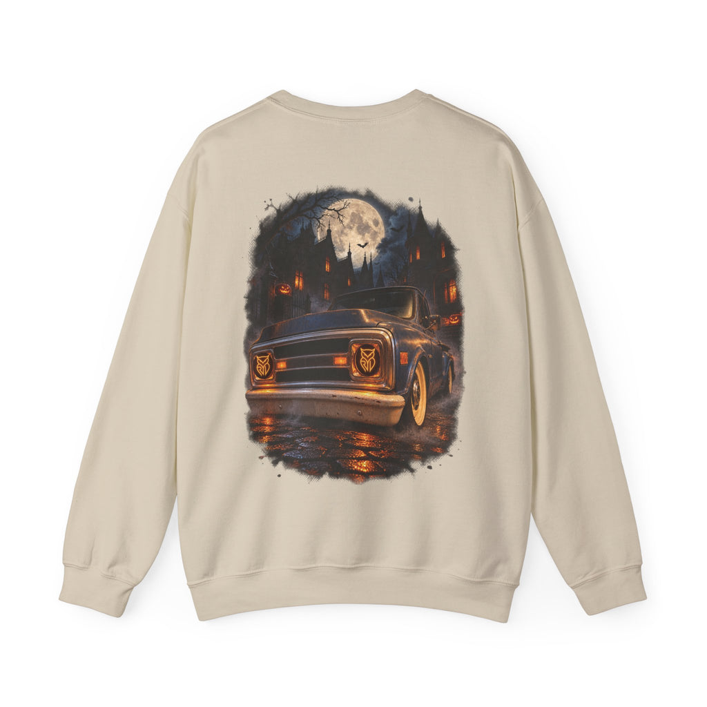Rare Lab After Dark Midnight crewneck in Forest Green: small night-sky owl on the chest, C10 truck under a full moon on the back