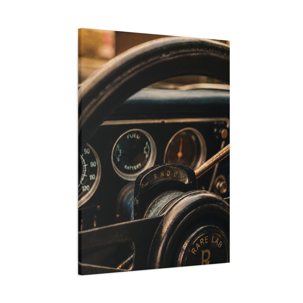 Rare Lab GT Column Shift canvas: close-up of a vintage steering column and wheel in cool blue tones