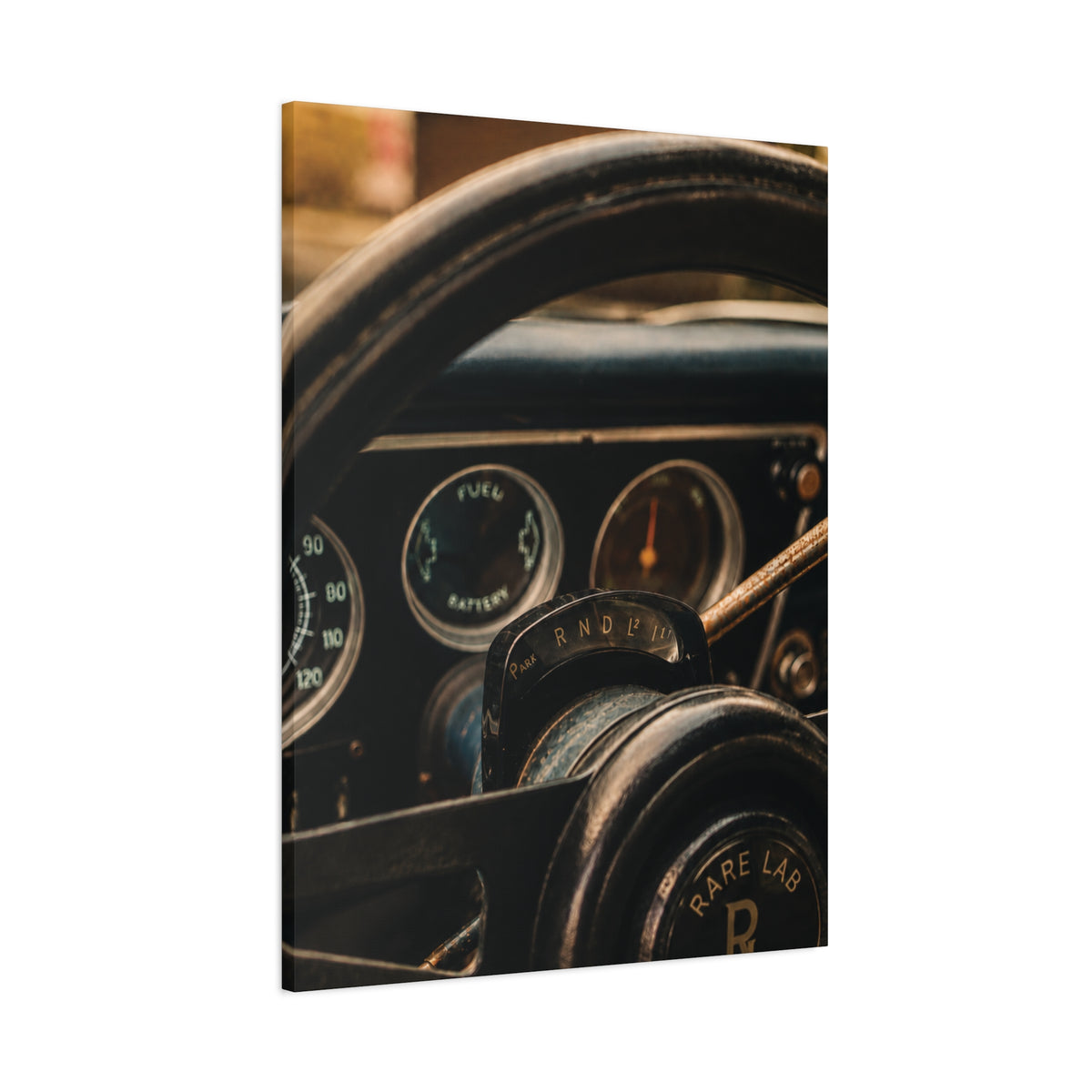 Rare Lab GT Column Shift canvas: close-up of a vintage steering column and wheel in cool blue tones