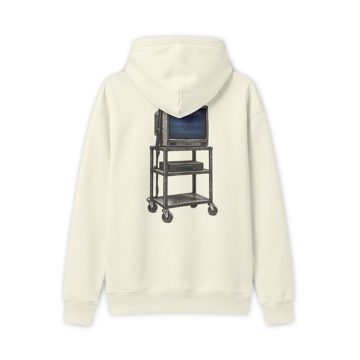 Rare Lab Retro TV Cart hoodie: minimal linework on the chest, vintage TV on a rolling cart on the back