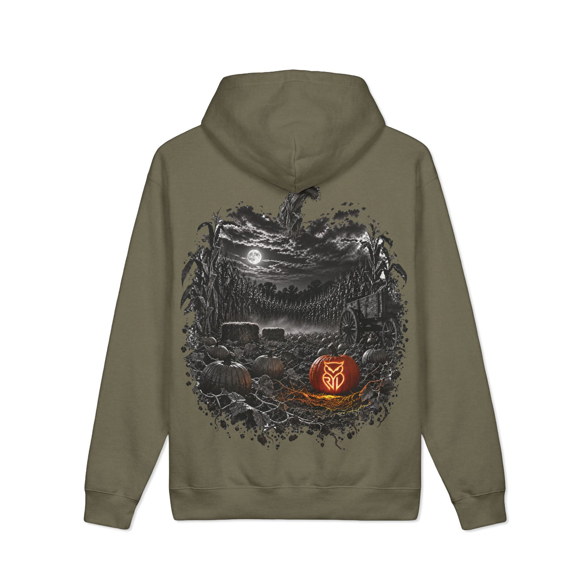 Rare Lab Pumpkin Patch heavyweight hoodie: large moonlit Rare Lab owl on the front, pumpkin patch scene with an owl jack-o'-lantern on the back