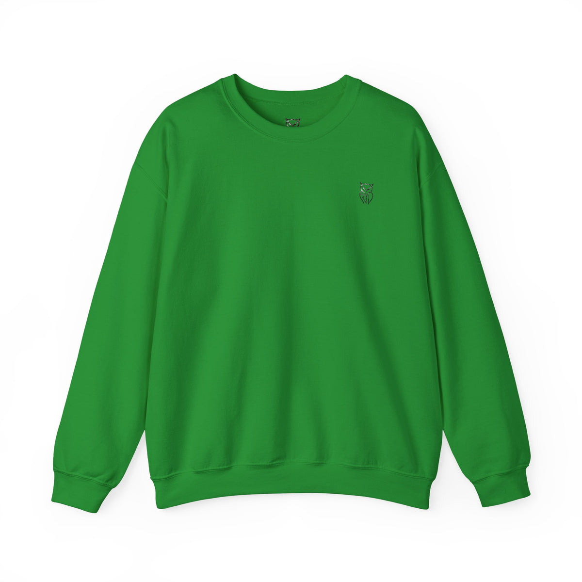 Rare Lab After Dark Midnight crewneck in Irish Green: small night-sky owl on the chest, C10 truck under a full moon on the back