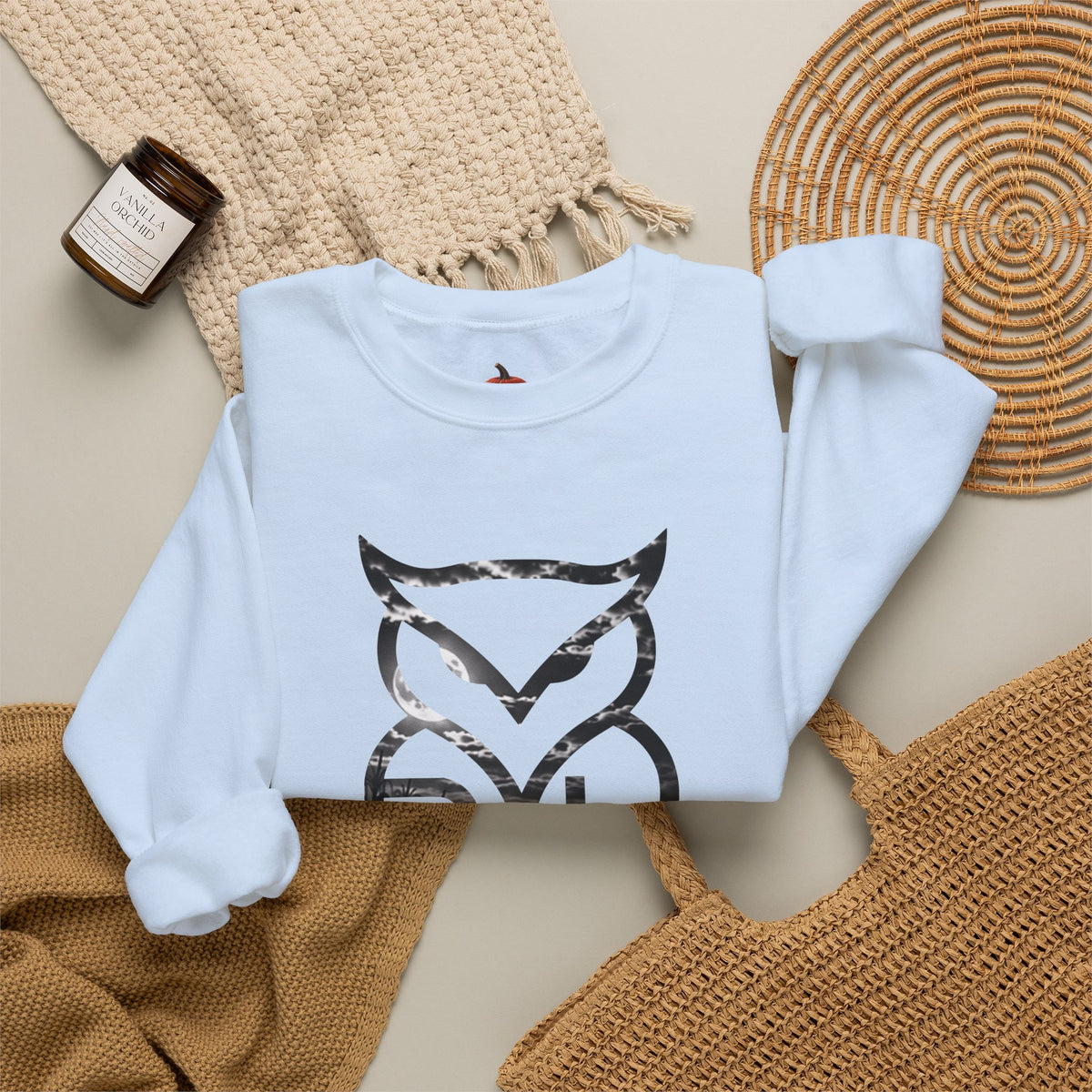 Rare Lab Owl Lantern crewneck sweatshirt: glowing Rare Lab owl jack-o'-lantern on the front, moonlit pumpkin patch scene on the back