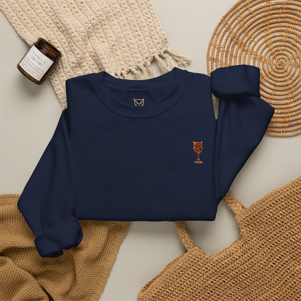 Rare Lab Drip Owl crewneck: Rare Lab owl in glossy amber with an espresso drop, on the left chest