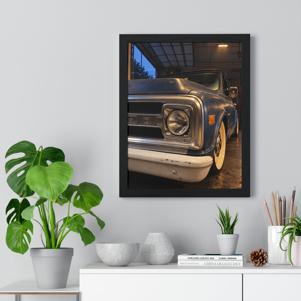 Rare Lab Vintage Blue Truck framed poster: close-up of a classic truck's headlight, bumper and whitewall tire
