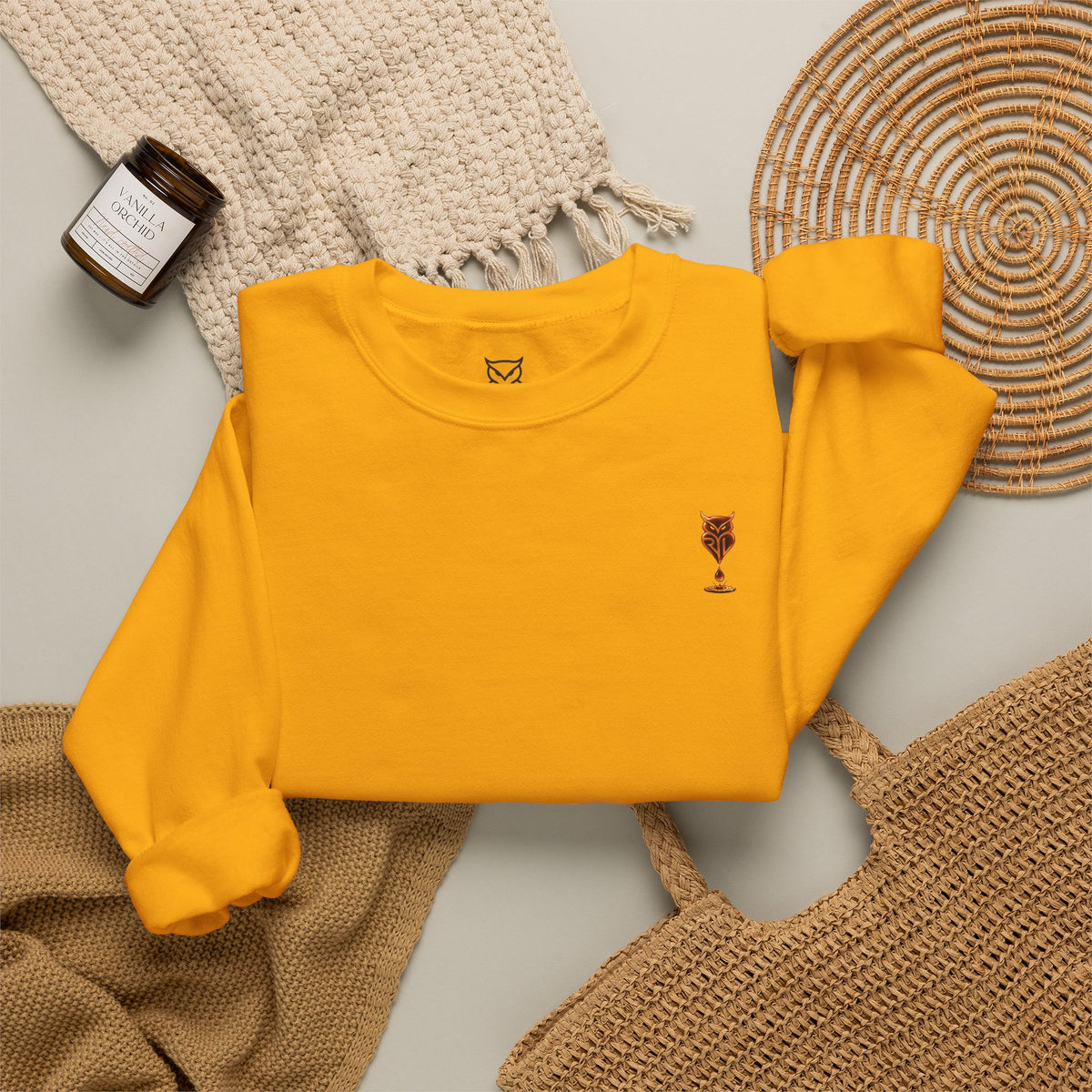 Rare Lab Drip Owl crewneck: Rare Lab owl in glossy amber with an espresso drop, on the left chest