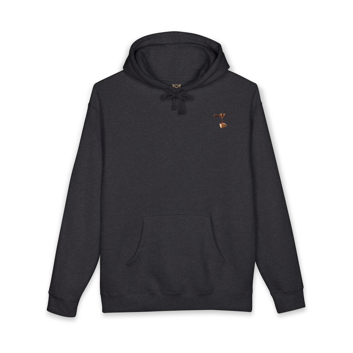 Rare Lab Espresso Drip heavyweight hoodie: espresso drip with one drop shaped like the Rare Lab owl