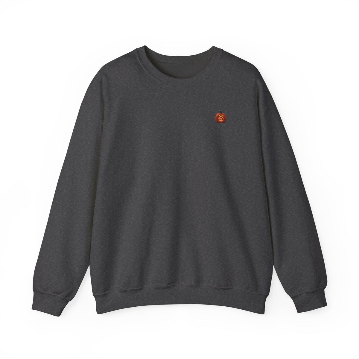 Rare Lab Owl Lantern embroidered crewneck sweatshirt with a small embroidered Rare Lab owl jack-o'-lantern on the chest