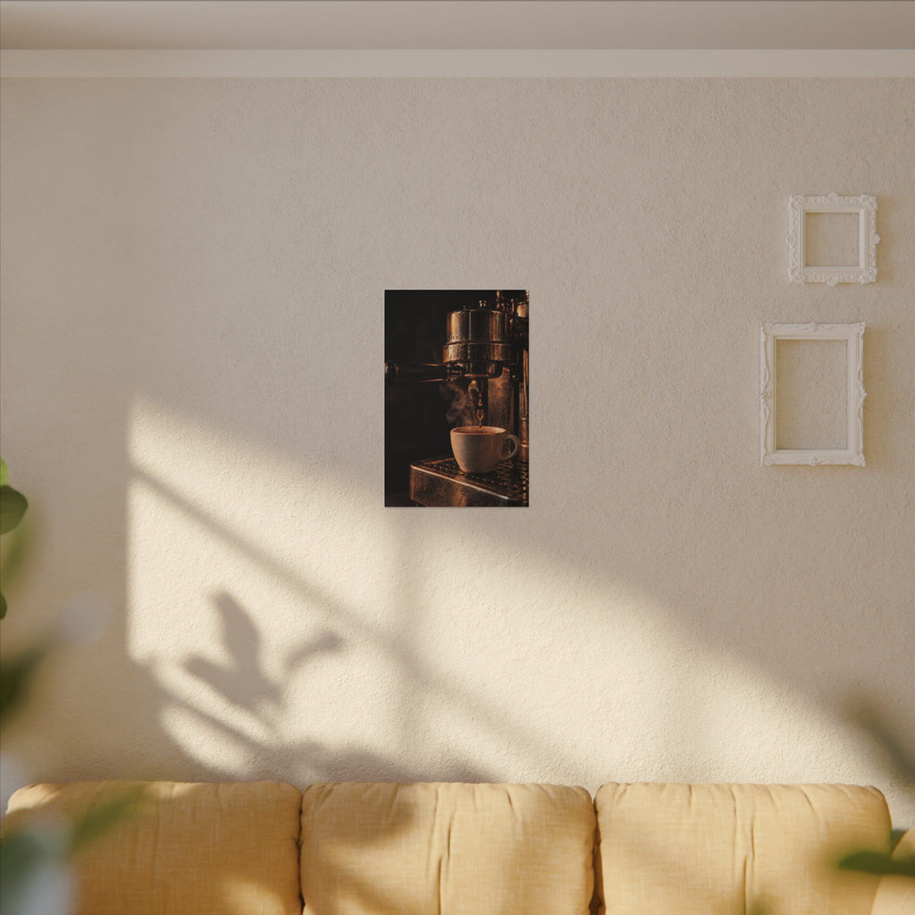 Rare Lab Drip espresso machine canvas: a slow espresso pour and a steaming cup in warm amber tones
