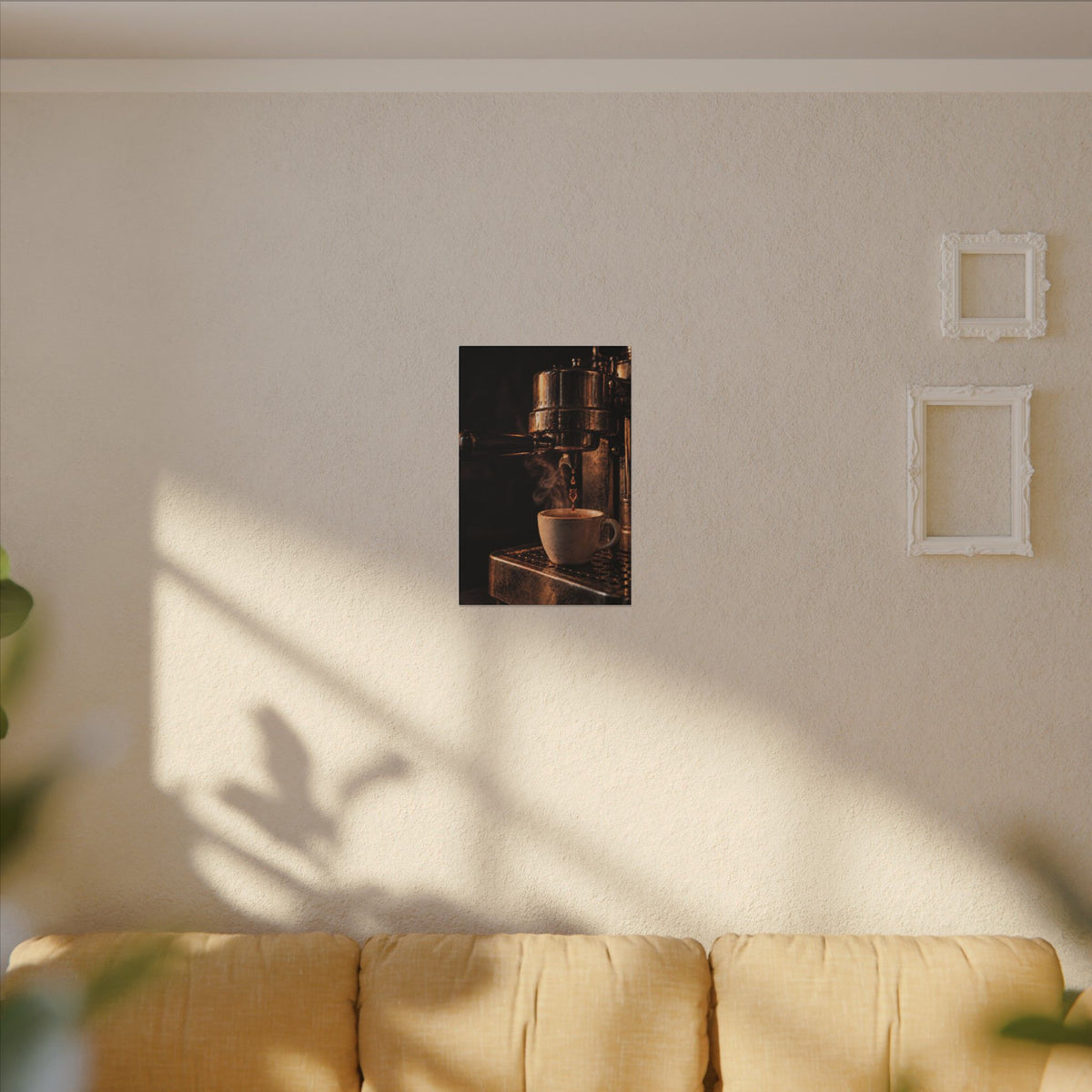 Rare Lab Drip espresso machine canvas: a slow espresso pour and a steaming cup in warm amber tones
