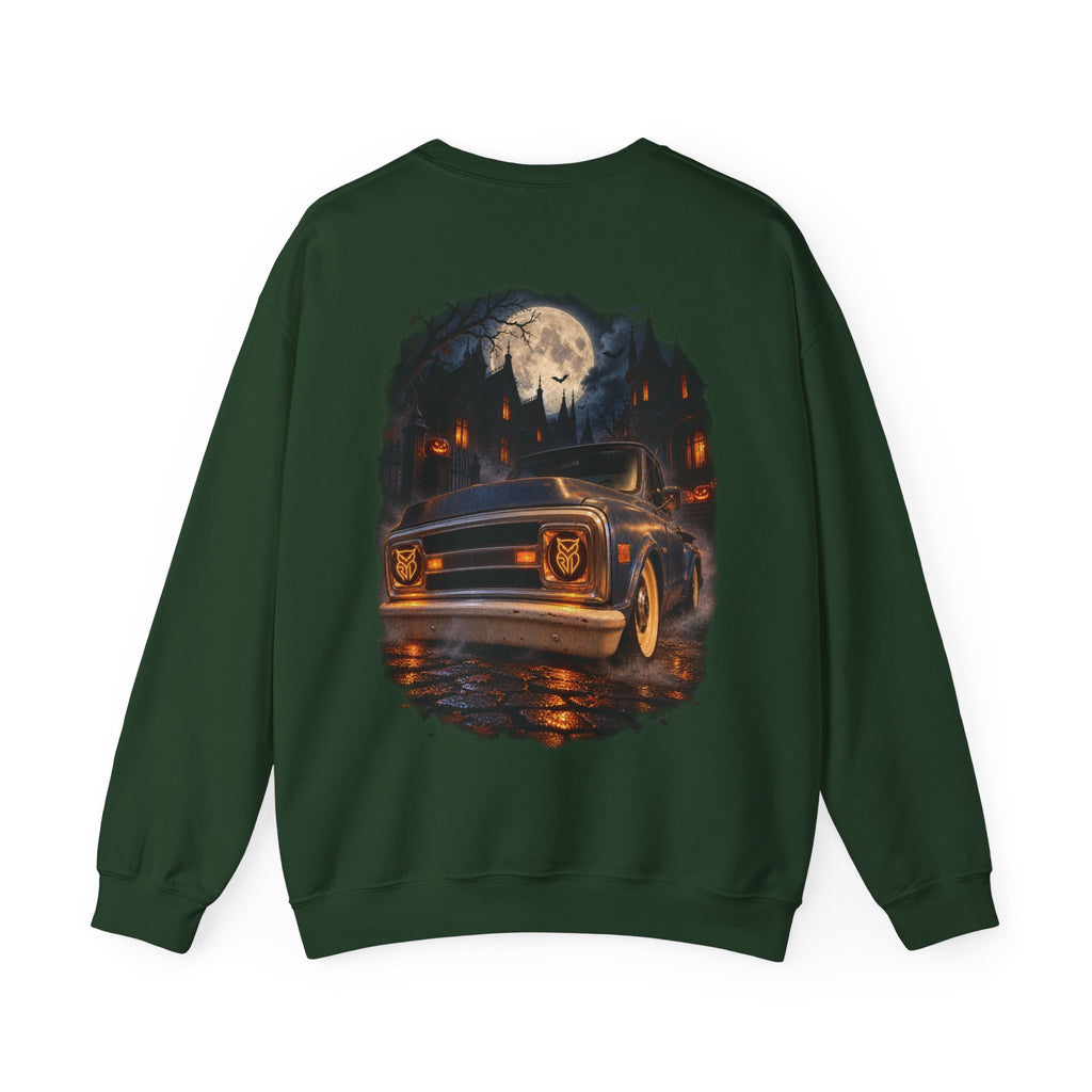 Rare Lab After Dark Midnight crewneck in Irish Green: small night-sky owl on the chest, C10 truck under a full moon on the back