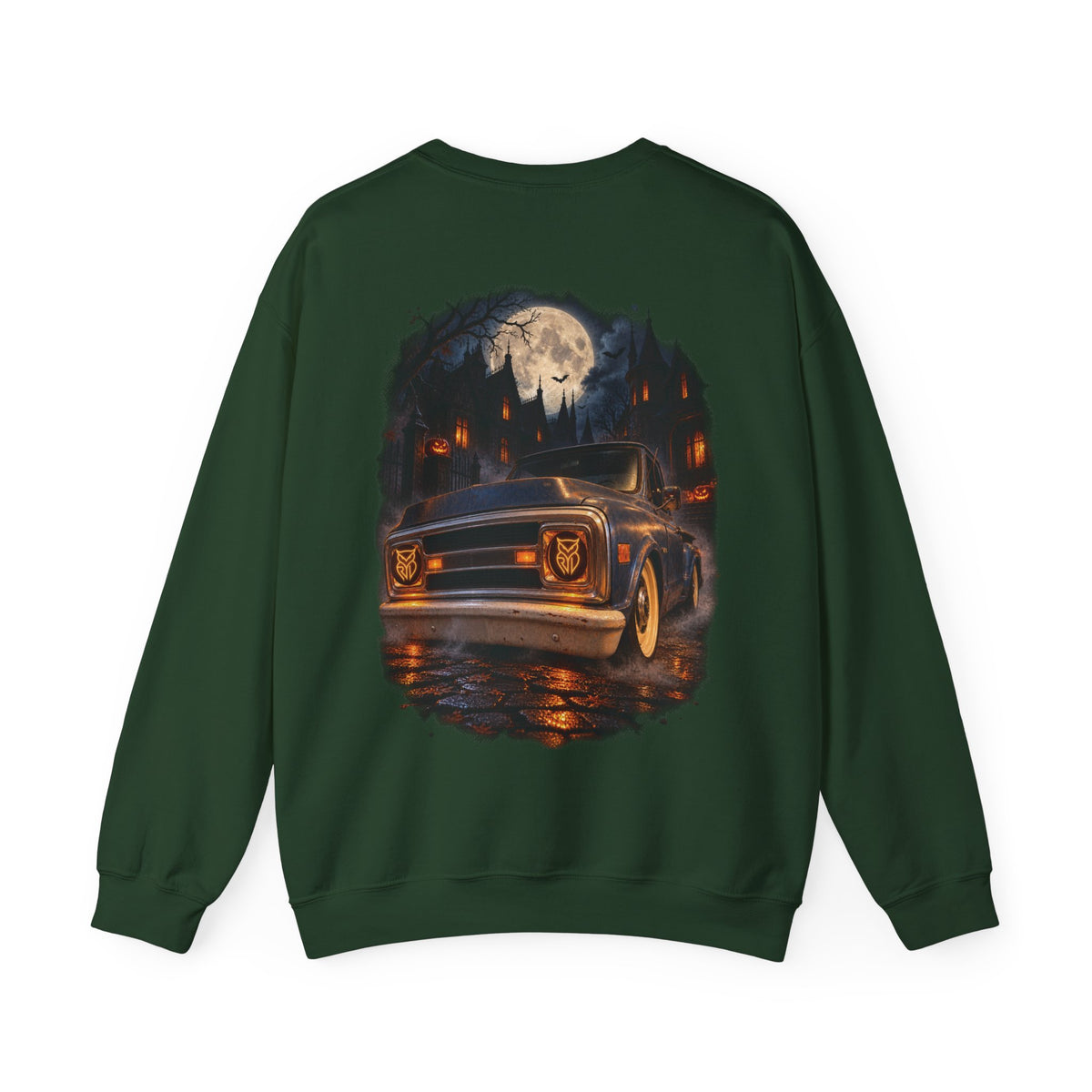 Rare Lab After Dark Midnight crewneck in Irish Green: small night-sky owl on the chest, C10 truck under a full moon on the back