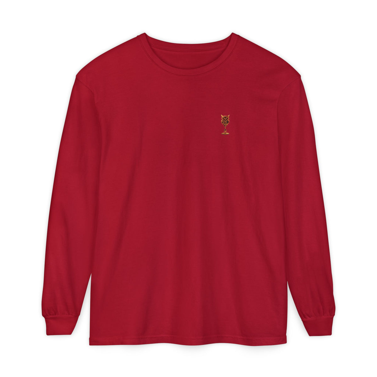 Rare Lab Drip Owl long sleeve tee: Rare Lab owl in glossy amber with an espresso drop, on the left chest