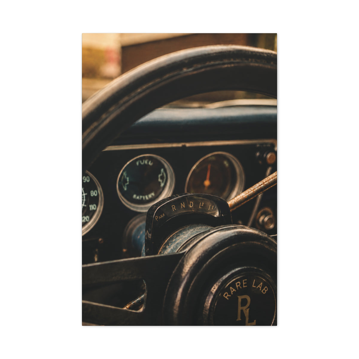 Rare Lab GT Column Shift canvas: close-up of a vintage steering column and wheel in cool blue tones