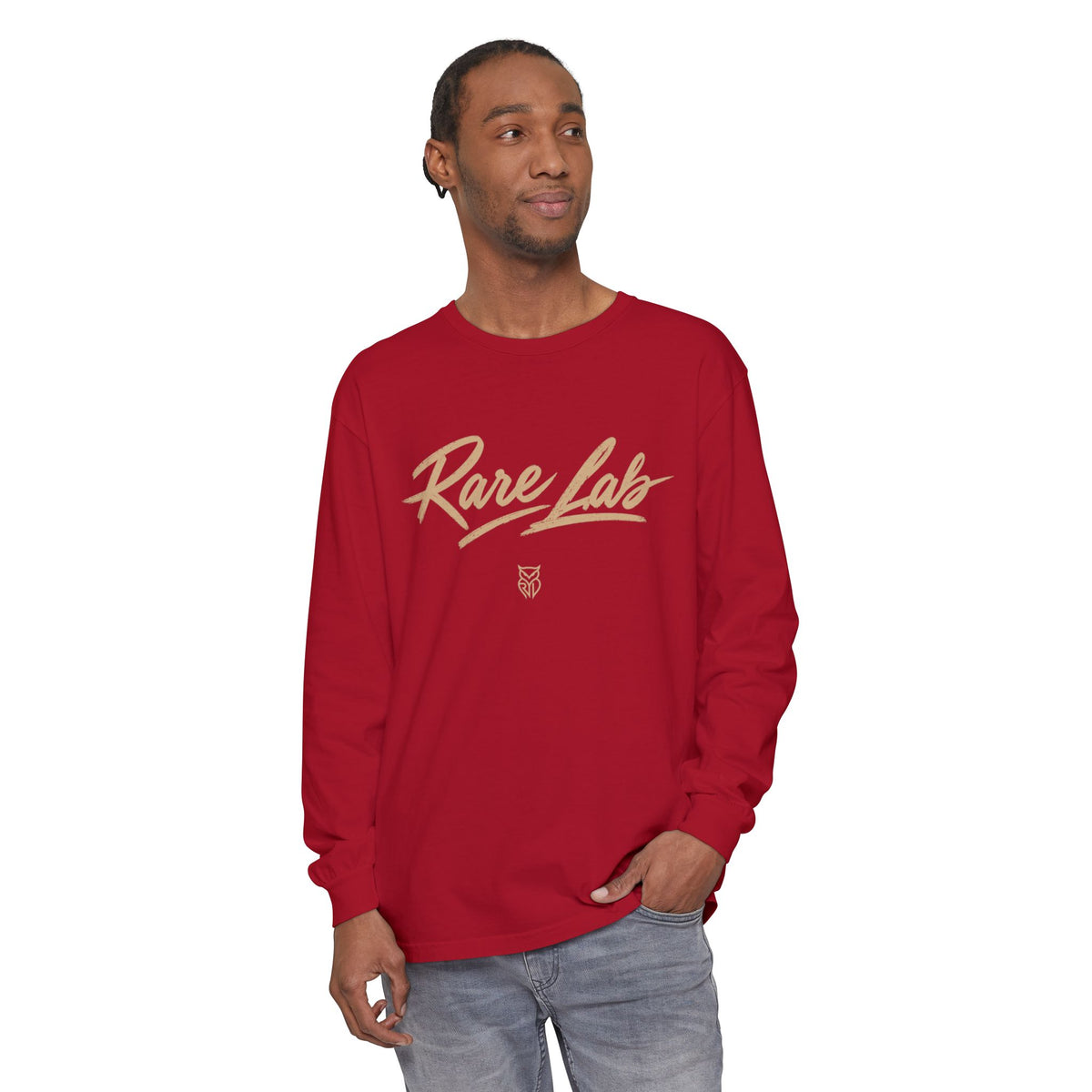 Rare Lab Script Logo garment-dyed long sleeve tee with the Rare Lab script logo