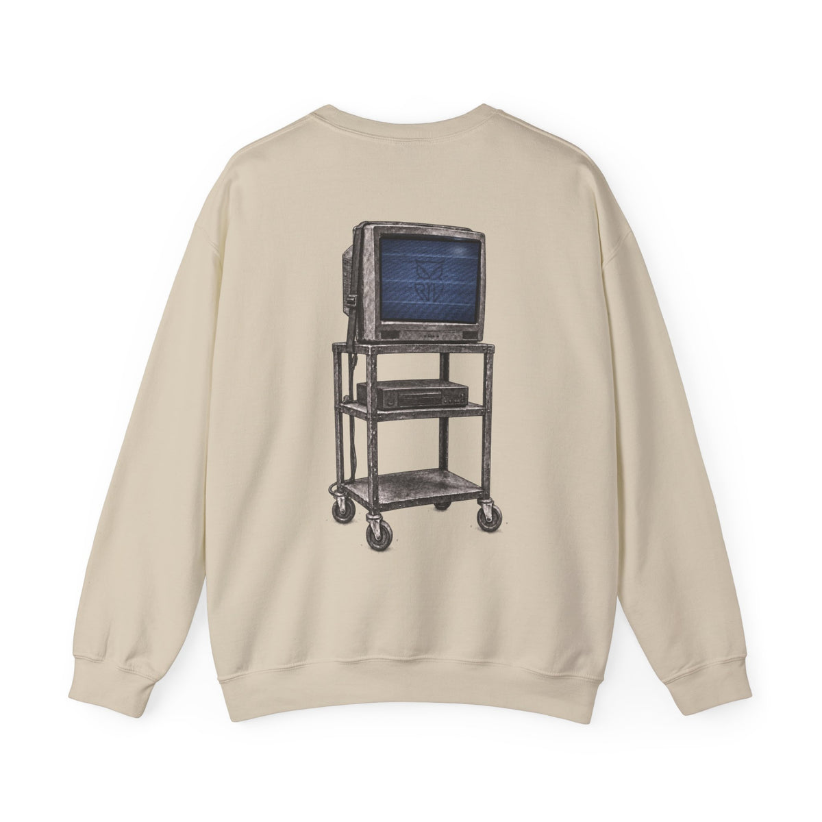 Rare Lab Retro TV Cart crewneck: small owl logo on the chest, faded TV on a rolling cart on the back