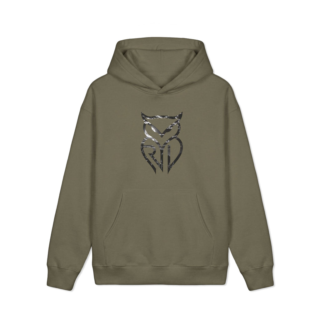 Rare Lab Pumpkin Patch heavyweight hoodie: large moonlit Rare Lab owl on the front, pumpkin patch scene with an owl jack-o'-lantern on the back