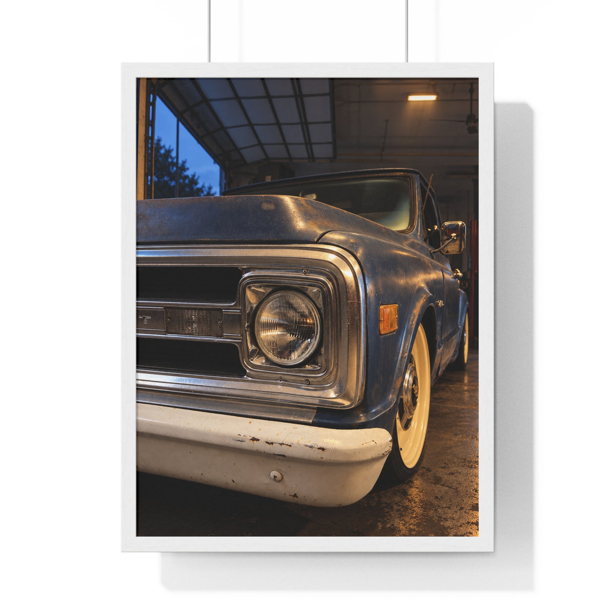 Rare Lab Vintage Blue Truck framed poster: close-up of a classic truck's headlight, bumper and whitewall tire