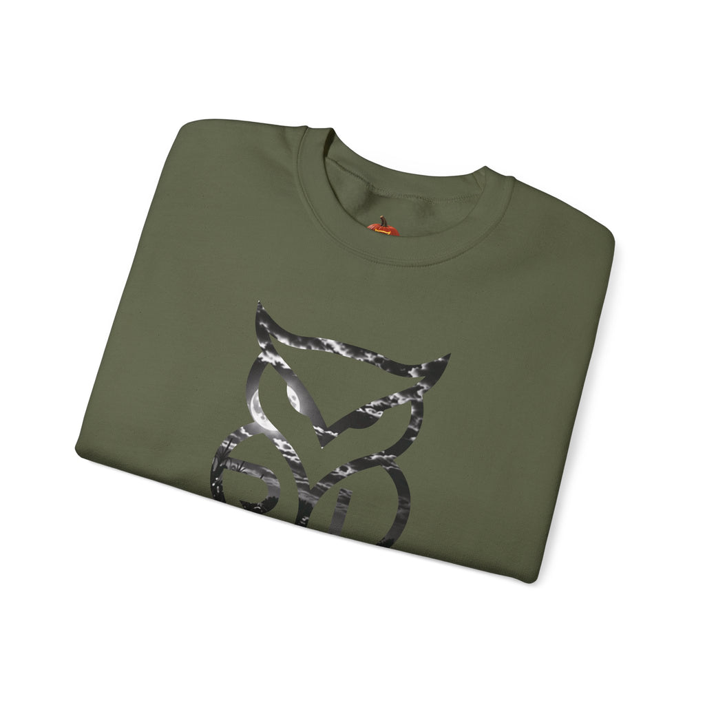 Rare Lab Owl Lantern crewneck sweatshirt: glowing Rare Lab owl jack-o'-lantern on the front, moonlit pumpkin patch scene on the back