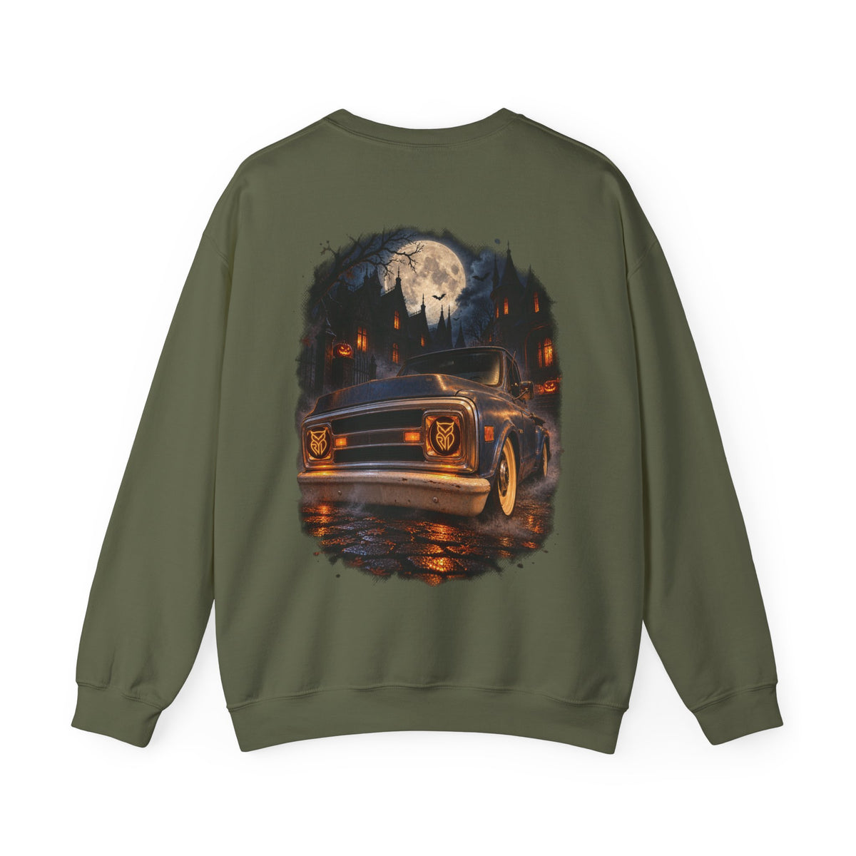 Rare Lab After Dark Midnight crewneck in Military Green: small night-sky owl on the chest, C10 truck under a full moon on the back