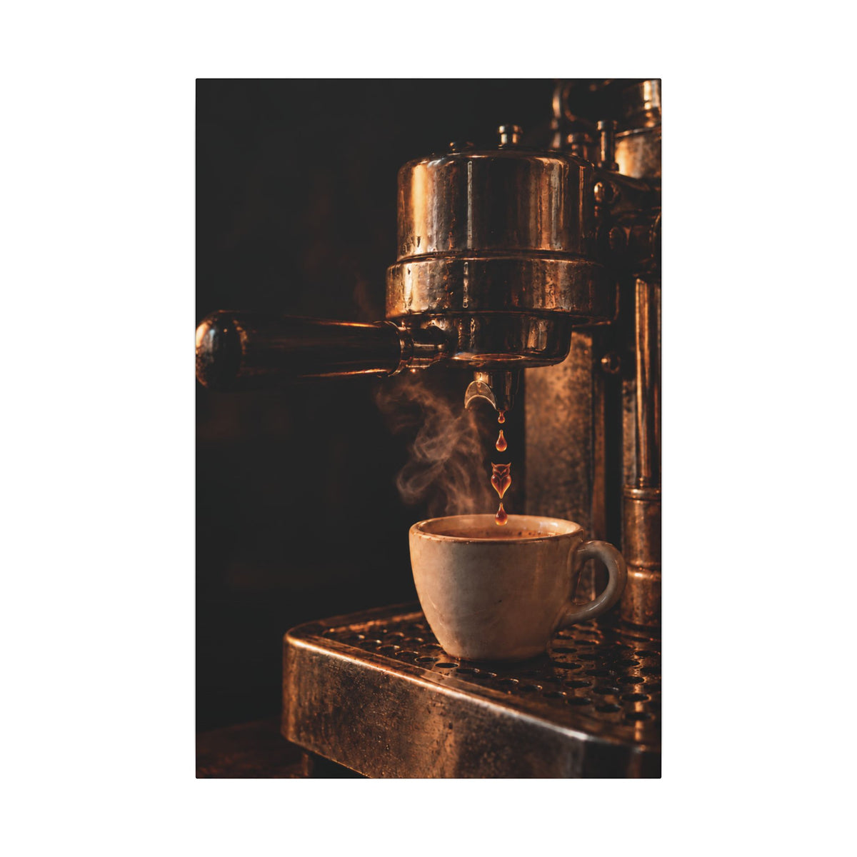 Rare Lab Drip espresso machine canvas: a slow espresso pour and a steaming cup in warm amber tones