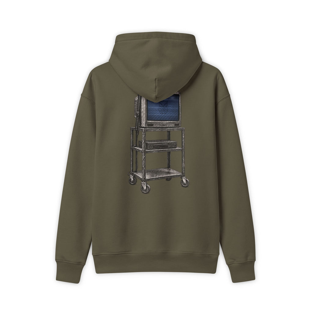 Rare Lab Retro TV Cart hoodie: minimal linework on the chest, vintage TV on a rolling cart on the back