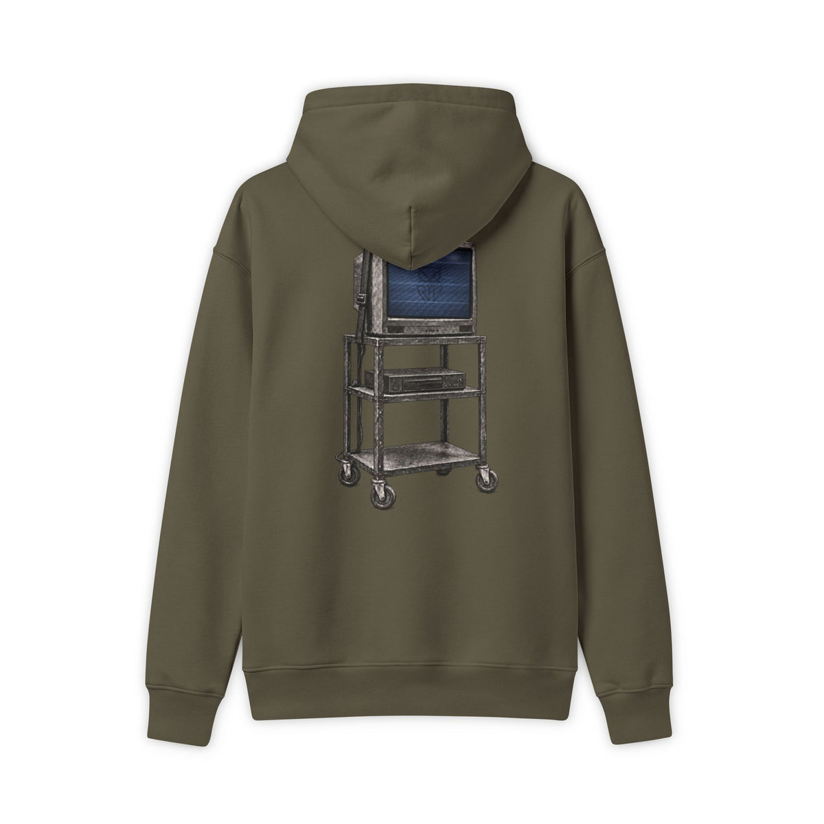 Rare Lab Retro TV Cart hoodie: minimal linework on the chest, vintage TV on a rolling cart on the back