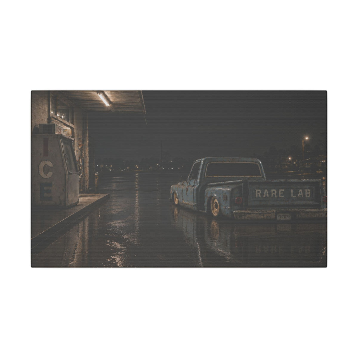 Rare Lab Ice Box canvas: a weathered blue pickup at a rain-slicked, late-night gas stop