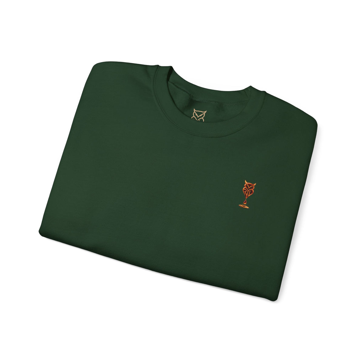Rare Lab Drip Owl crewneck: Rare Lab owl in glossy amber with an espresso drop, on the left chest