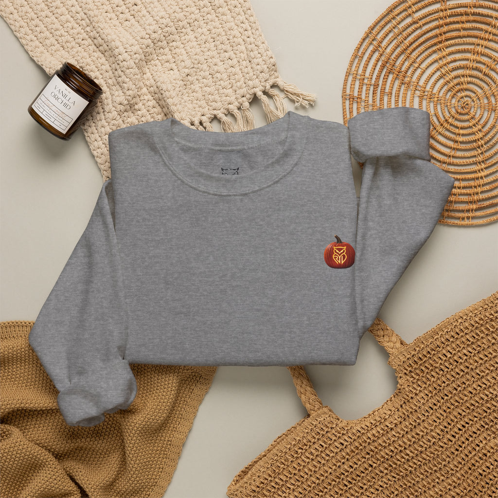 Rare Lab After Dark crewneck sweatshirt: small glowing Rare Lab owl jack-o'-lantern on the chest, C10 truck with owl jack-o'-lantern headlights on the back