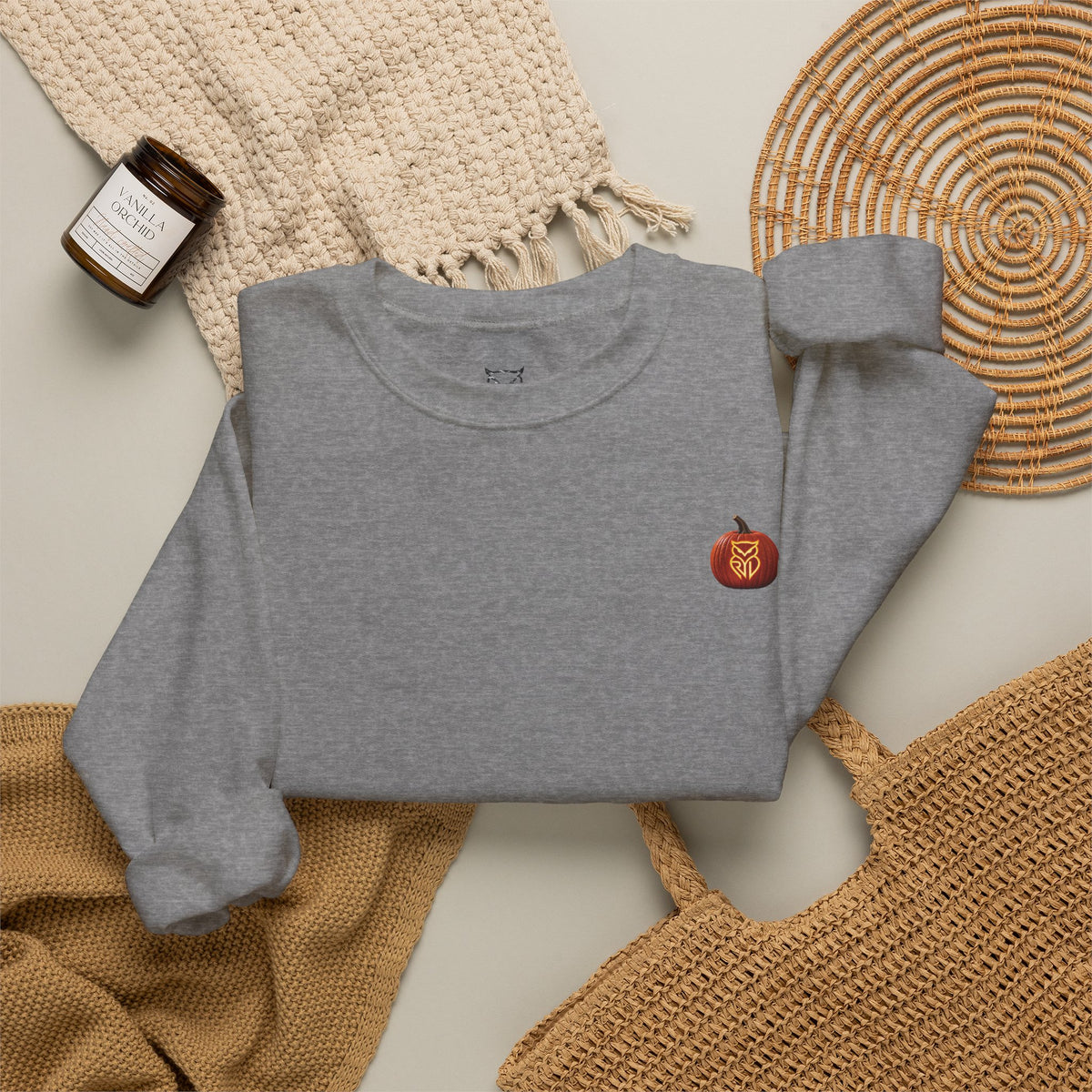 Rare Lab After Dark crewneck sweatshirt: small glowing Rare Lab owl jack-o'-lantern on the chest, C10 truck with owl jack-o'-lantern headlights on the back