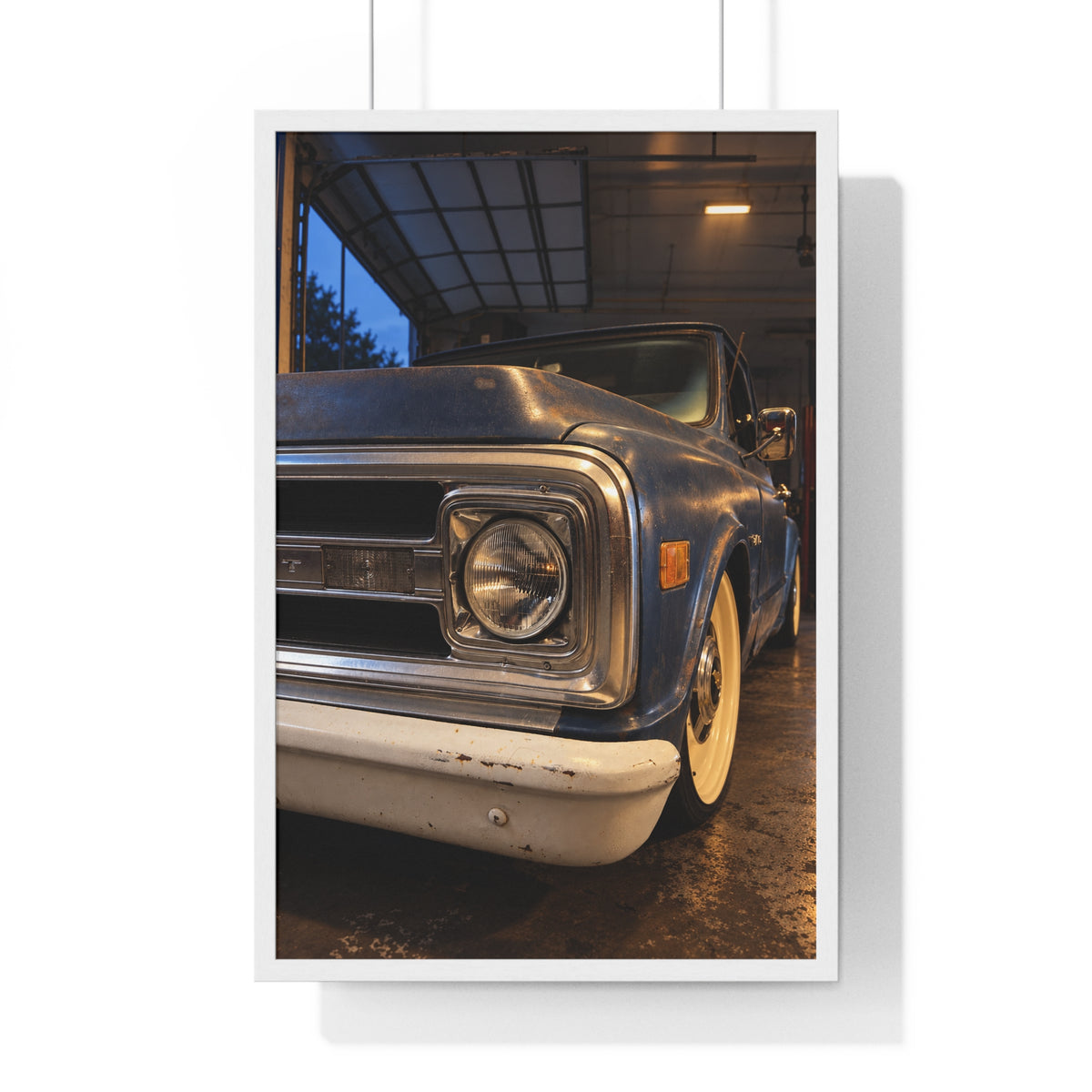Rare Lab Vintage Blue Truck framed poster: close-up of a classic truck's headlight, bumper and whitewall tire