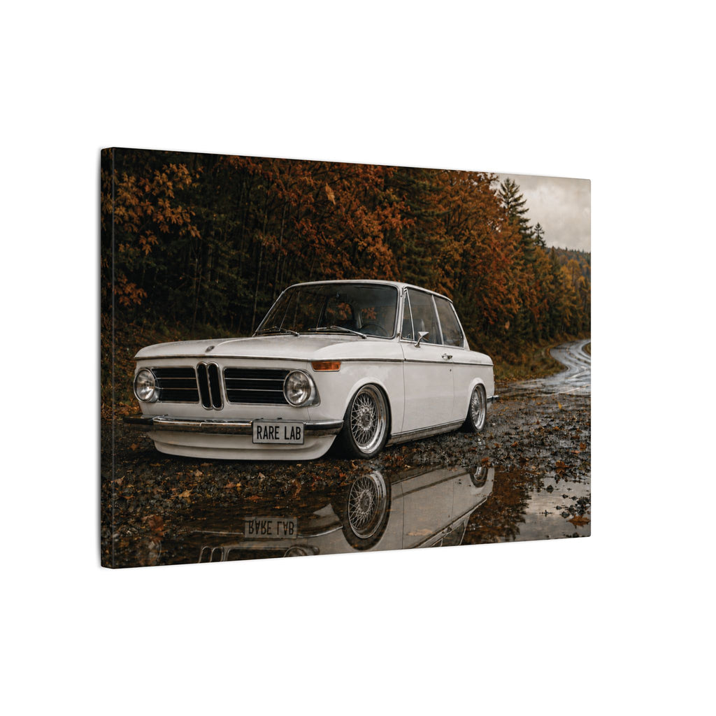 Rare Lab Autumn Ripper canvas: a vintage rally coupe parked by a puddle under autumn trees