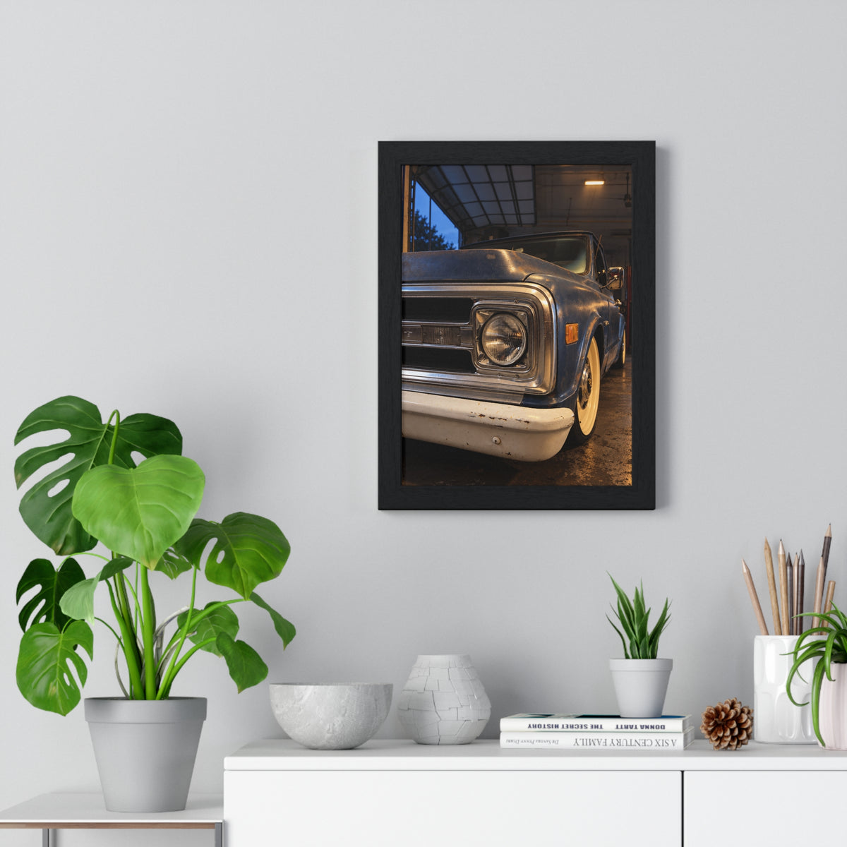Rare Lab Vintage Blue Truck framed poster: close-up of a classic truck's headlight, bumper and whitewall tire
