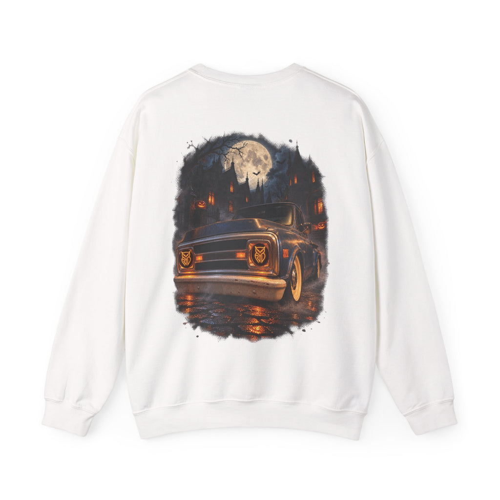 Rare Lab After Dark Midnight crewneck in Sand: small night-sky owl on the chest, C10 truck under a full moon on the back