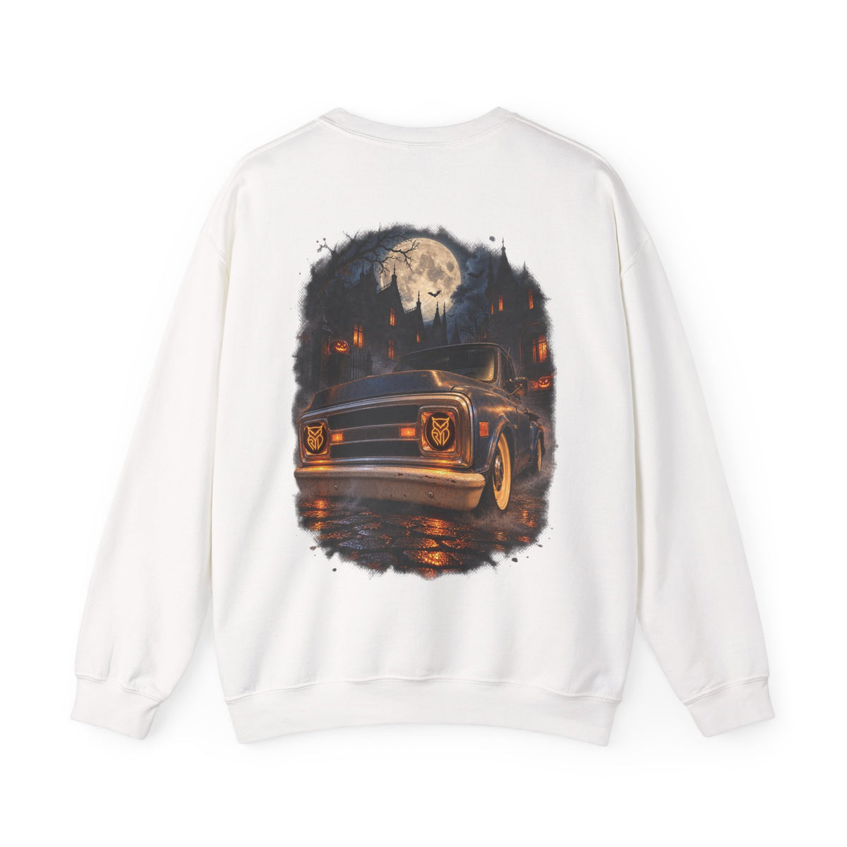 Rare Lab After Dark Midnight crewneck in Sand: small night-sky owl on the chest, C10 truck under a full moon on the back