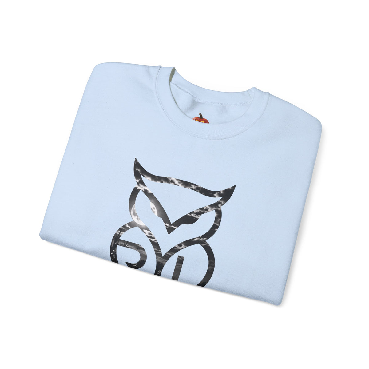 Rare Lab Owl Lantern crewneck sweatshirt: glowing Rare Lab owl jack-o'-lantern on the front, moonlit pumpkin patch scene on the back
