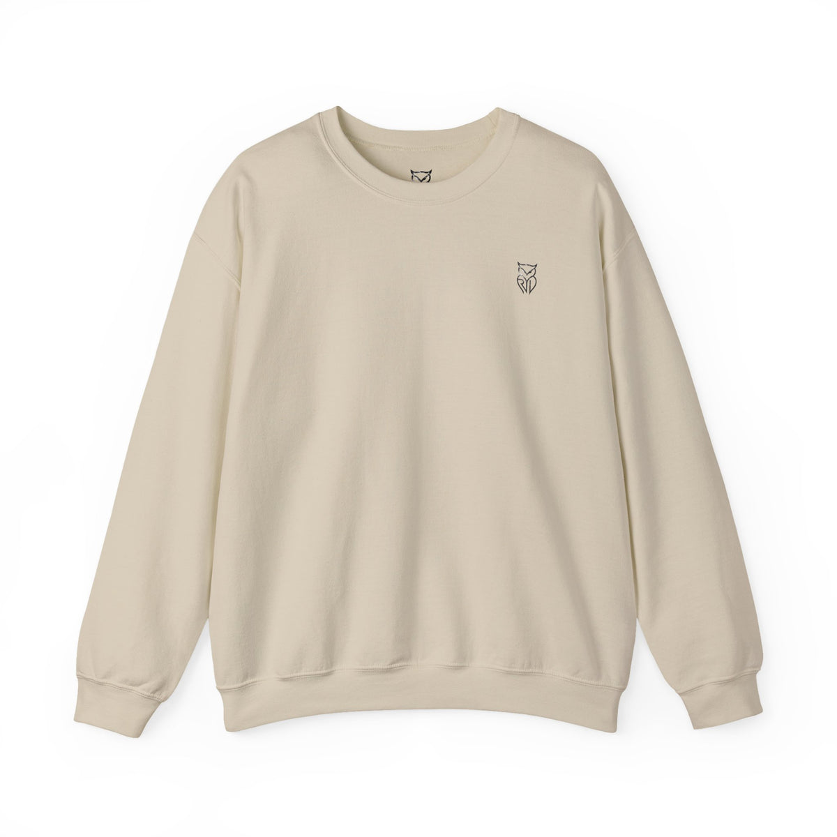 Rare Lab After Dark Midnight crewneck in Sand: small night-sky owl on the chest, C10 truck under a full moon on the back