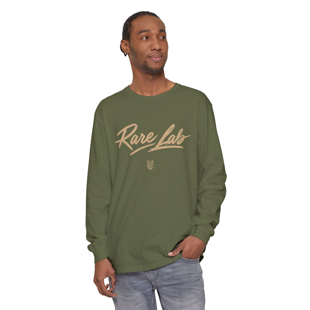 Rare Lab Script Logo garment-dyed long sleeve tee with the Rare Lab script logo