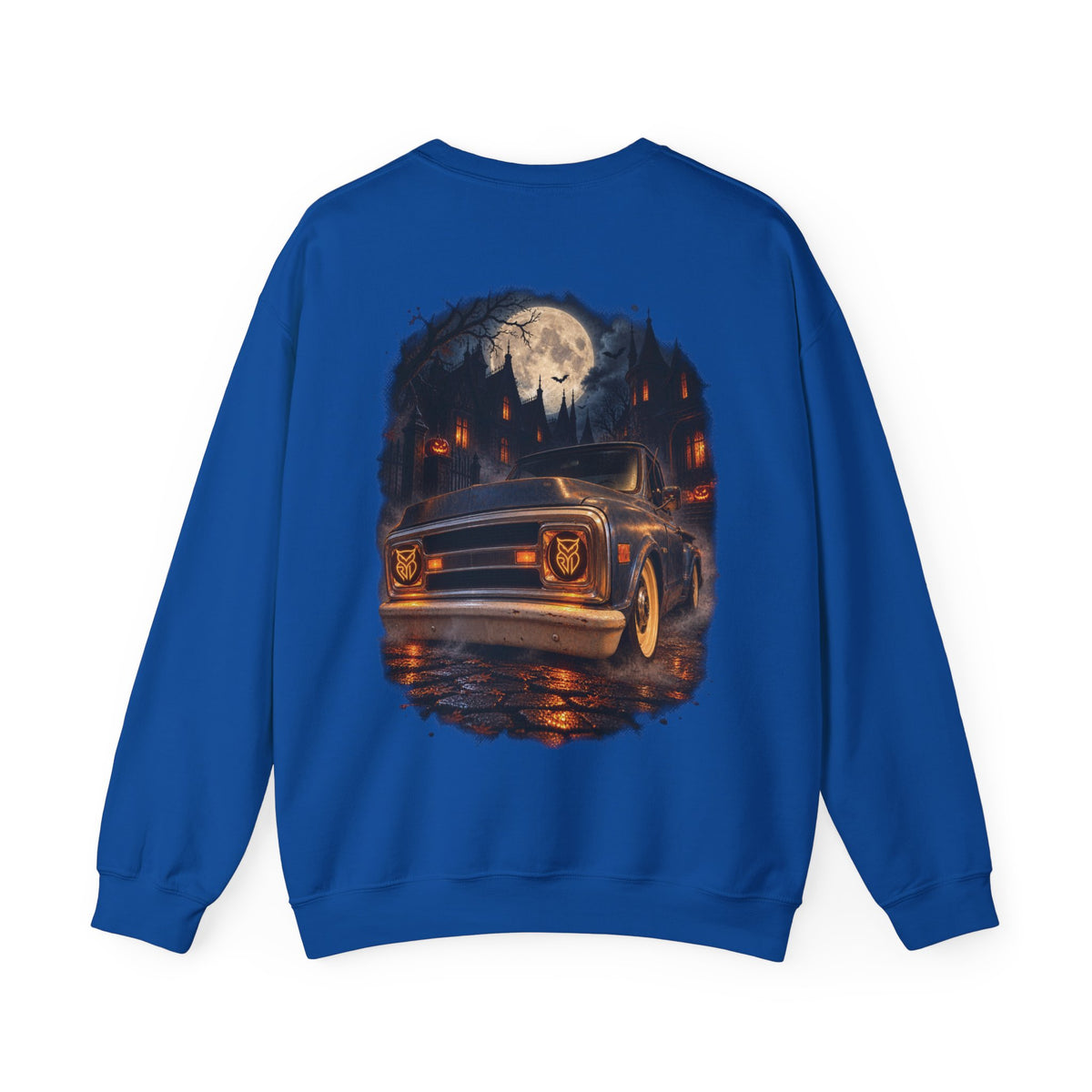 Rare Lab After Dark Midnight crewneck in Graphite Heather: small night-sky owl on the chest, C10 truck under a full moon on the back