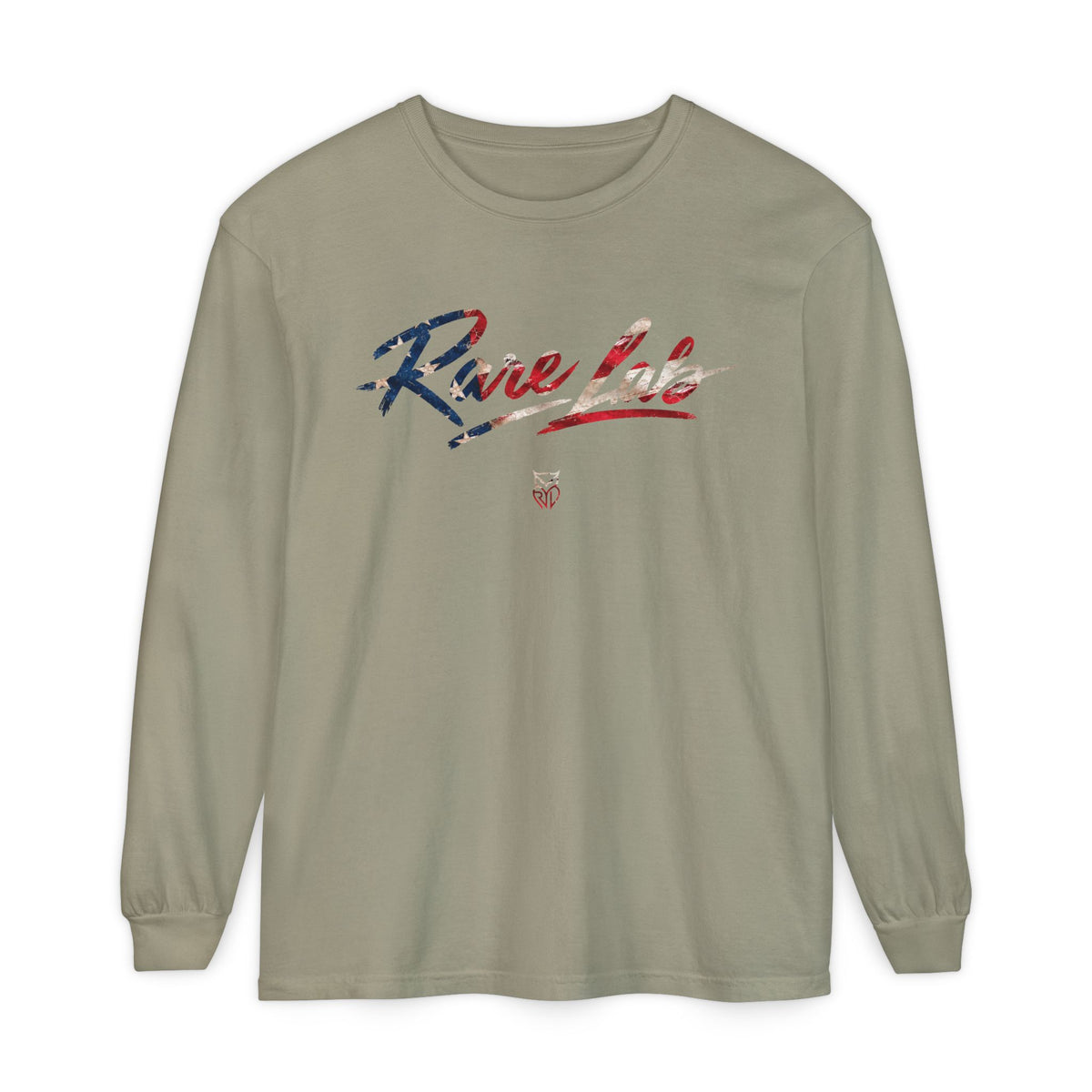 Rare Lab Brush Stroke American Flag long sleeve tee: brush stroke flag script across the chest