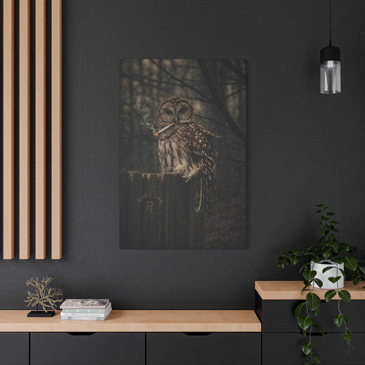 Rare Lab Smoke & Stillness matte canvas: a barred owl on a weathered post with a thin trail of smoke against the dark