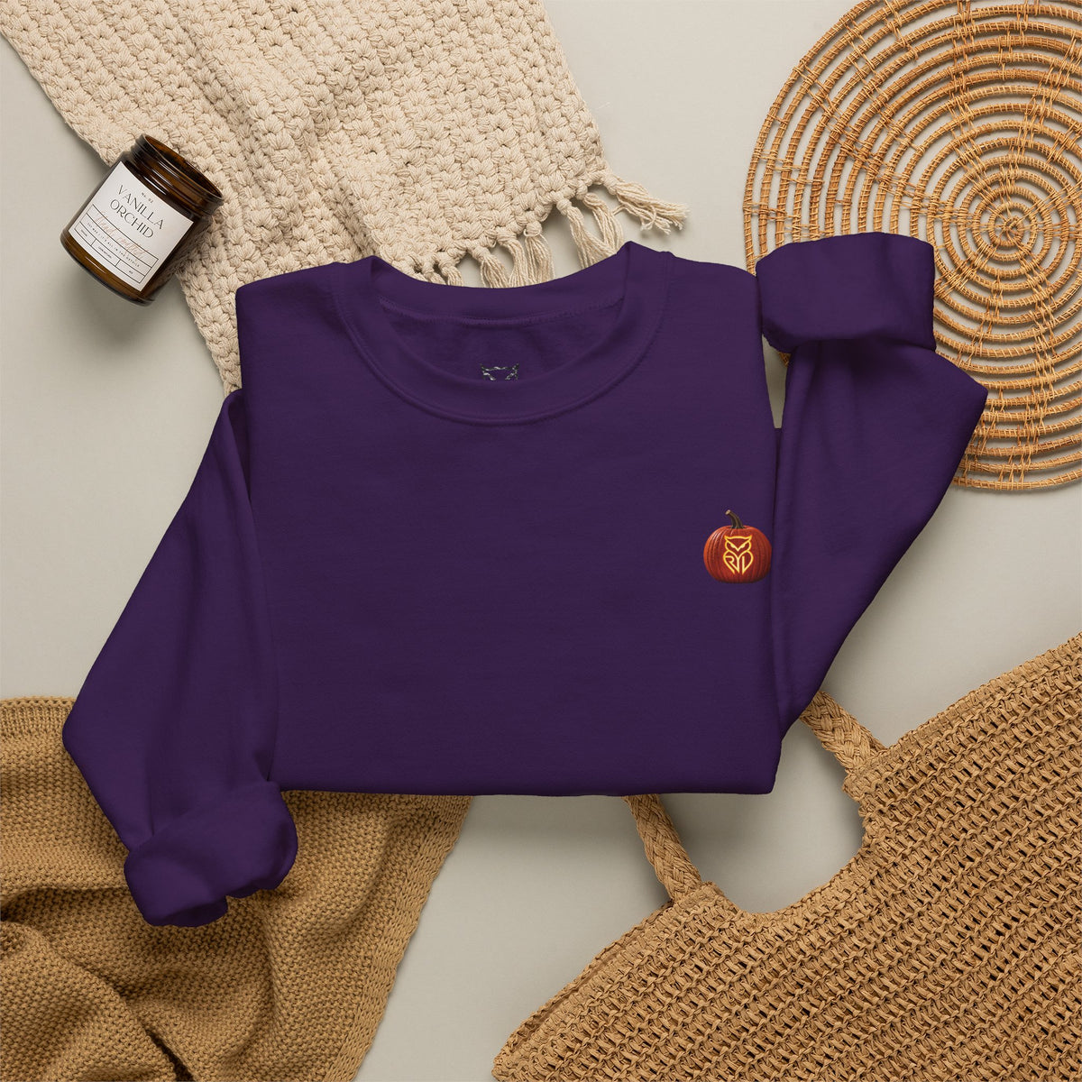 Rare Lab After Dark crewneck sweatshirt: small glowing Rare Lab owl jack-o'-lantern on the chest, C10 truck with owl jack-o'-lantern headlights on the back