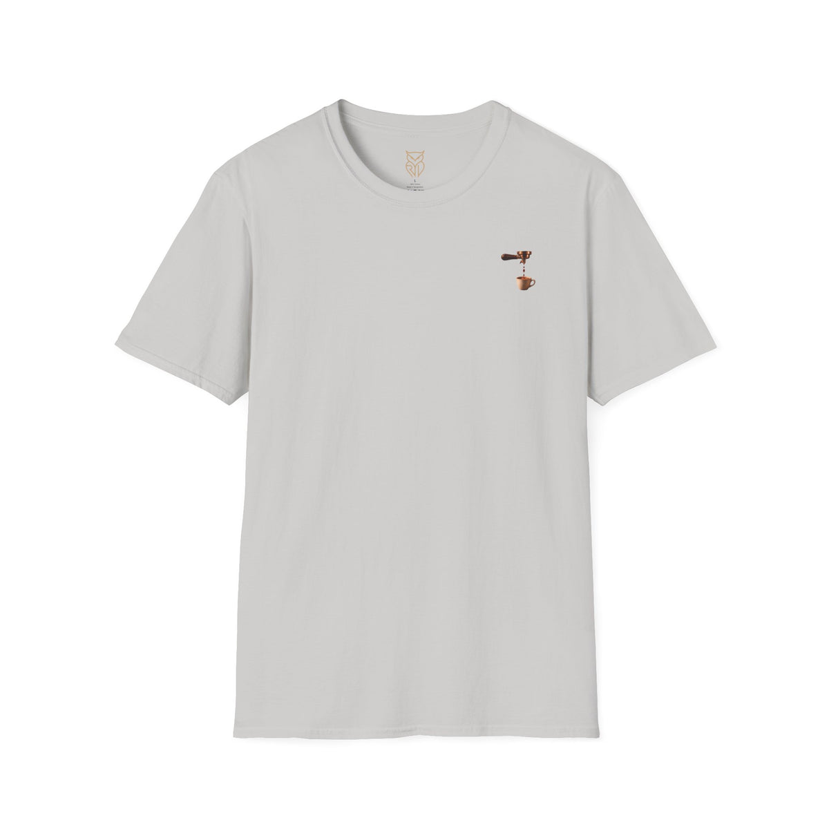 Rare Lab Espresso Drip tee: small Rare Lab Drip espresso design on the chest