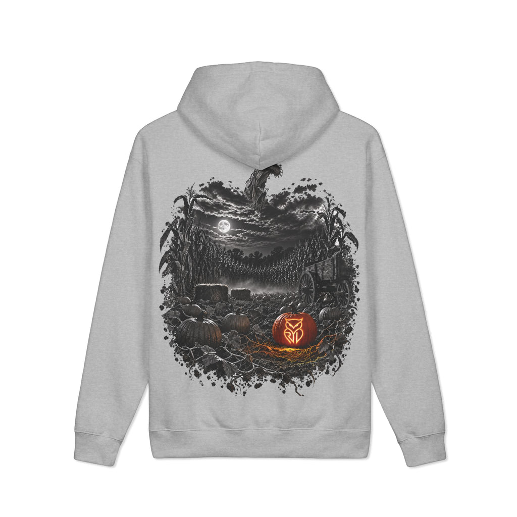 Rare Lab Pumpkin Patch heavyweight hoodie: large moonlit Rare Lab owl on the front, pumpkin patch scene with an owl jack-o'-lantern on the back