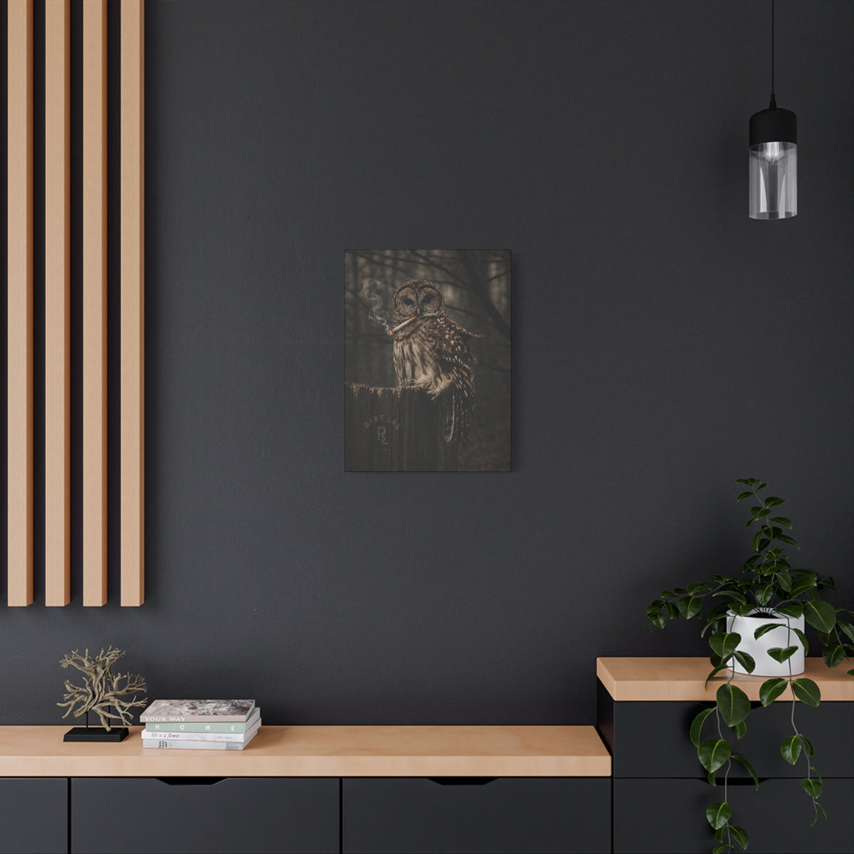 Rare Lab Smoke & Stillness matte canvas: a barred owl on a weathered post with a thin trail of smoke against the dark