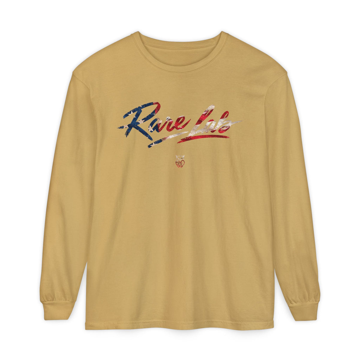 Rare Lab Brush Stroke American Flag long sleeve tee: brush stroke flag script across the chest
